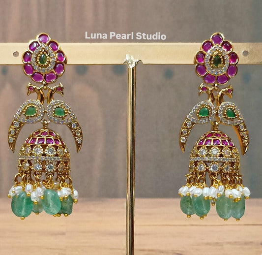 Exquisite Kemp Peacock jhumka with green beads TE1016