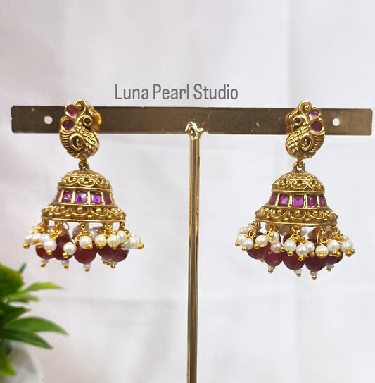 Anamika Peacock Jhumka Earrings with Maroon Beads TE1023
