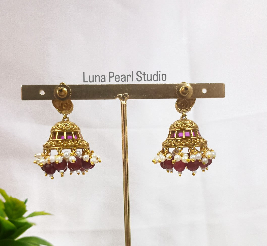Anamika Peacock Jhumka Earrings with Maroon Beads TE1023