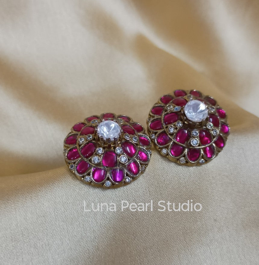 Moissanite Jadau Fusion Eartops Pink-Studs-Earrings Maharani collection-ME1004