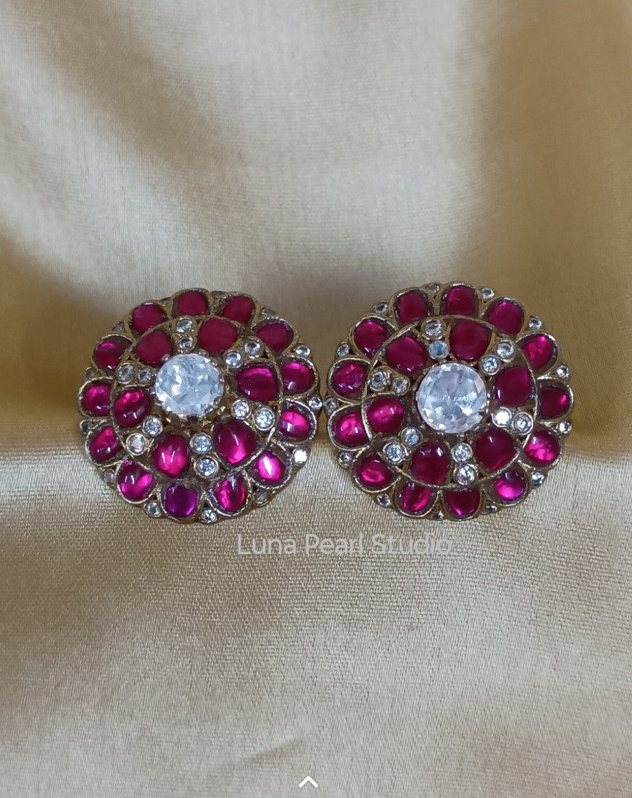 Moissanite Jadau Fusion Eartops Pink-Studs-Earrings Maharani collection-ME1004