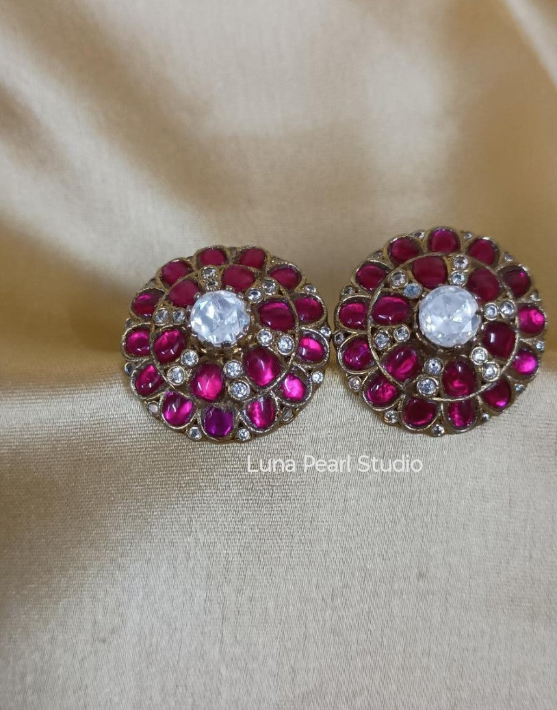 Moissanite Jadau Fusion Eartops Pink-Studs-Earrings Maharani collection-ME1004