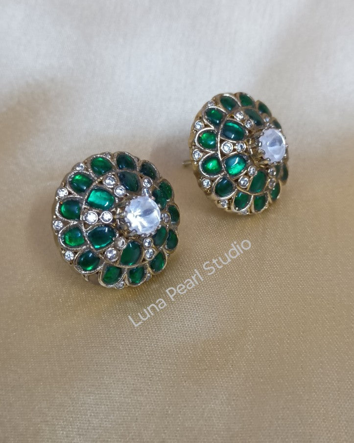 Moissanite Jadau Fusion Eartops Green-Studs-Earrings Maharani collection-ME1005