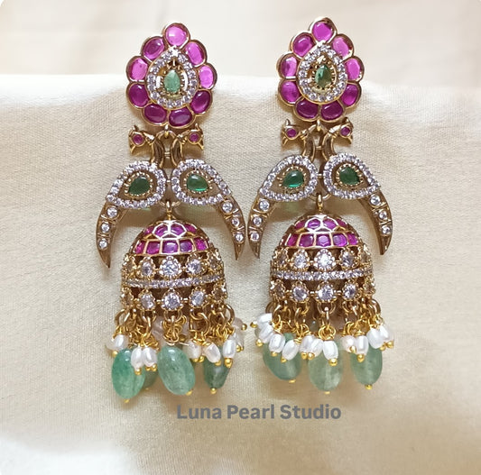 Exquisite Kemp Peacock jhumka with green beads TE1016