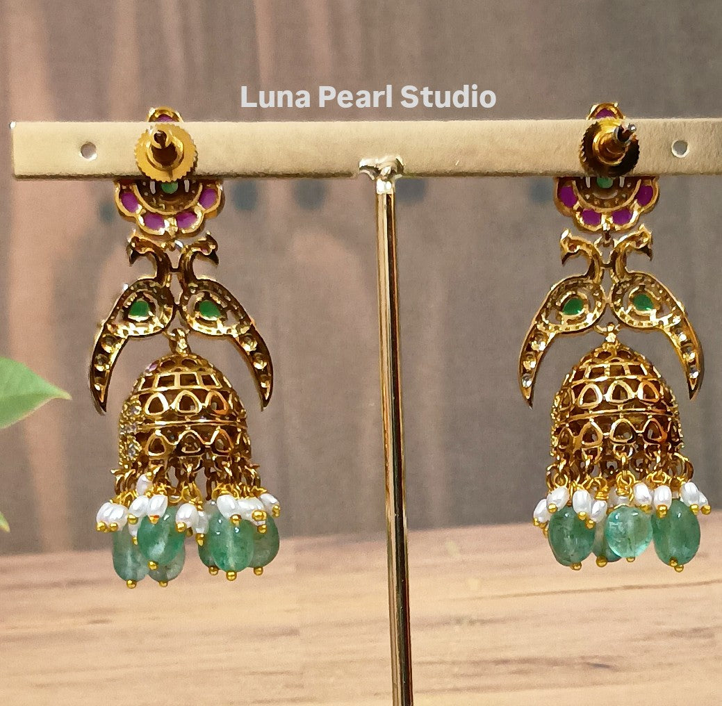 Exquisite Kemp Peacock jhumka with green beads TE1016