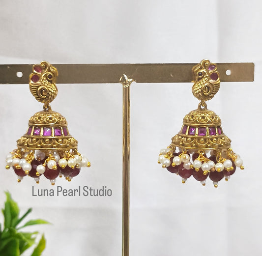 Anamika Peacock Jhumka Earrings with Maroon Beads TE1023